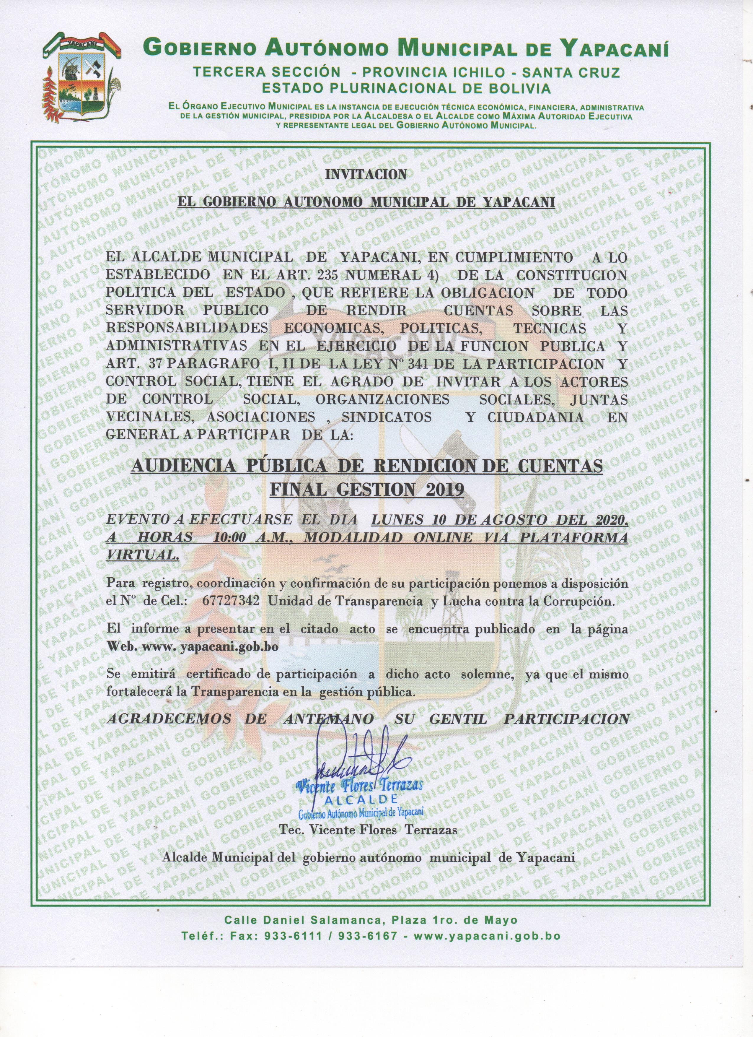 GOBIERNO MUNICIPAL DE YAPACANÍ BRINDARA RENDICIÓN DE CUENTAS 2019 POR LAS PLATAFORMAS VIRTUALES